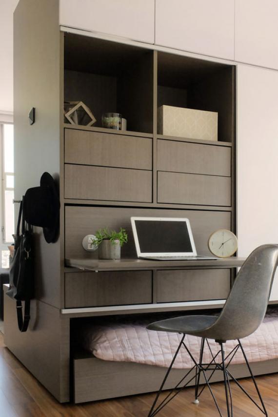 Ori Modular room system featuring the office set up with the expandable desk with laptop and desk chair